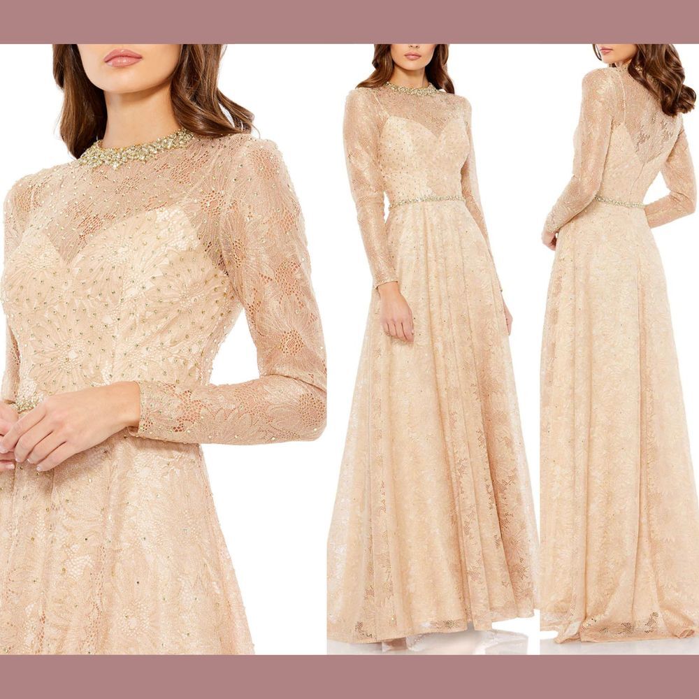 NWT $598 Mac Duggal [ 14 ] Jeweled Long Sleeve Floral Lace Gown Rose/ Gold G1619